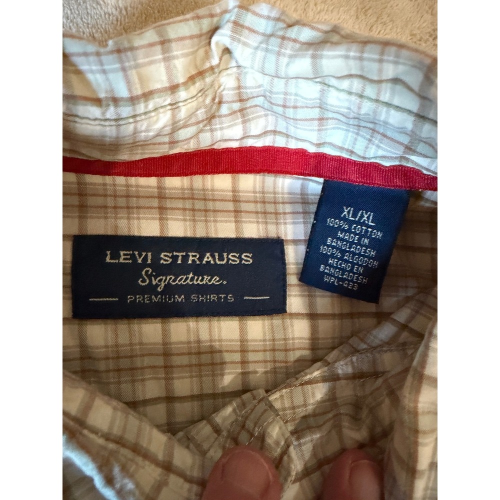 🍁Levi Strauss Signature Mens XL Plaid Button Down Shirt Tan White Cotton WPL-42 - Picture 4 of 6